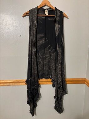American Age Western Black Tie Dye Cardigan Fringe Vest Shall Large Cowgirl